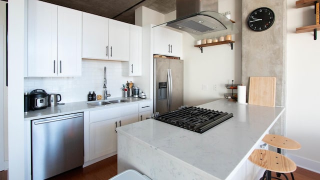 kitchen with appliances with stainless steel finishes, a sink, island range hood, decorative backsplash, and a peninsula