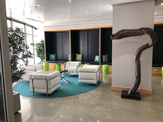 building lobby with a wall of windows