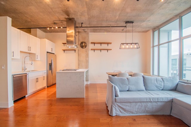 living room featuring healthy amount of natural light, baseboards, light wood-style flooring, and rail lighting