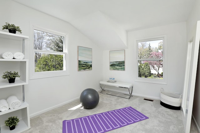 exercise area featuring carpet, lofted ceiling, and baseboards