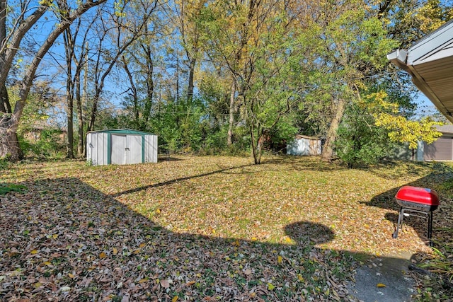 view of yard with a storage shed and an outbuilding