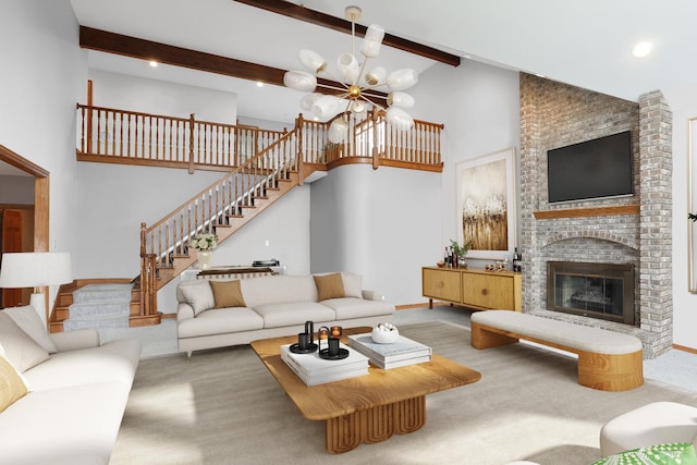 15521 S Mallard Ln, Homer Glen, IL 60491 - living room featuring a chandelier, high vaulted ceiling, beamed ceiling, stairway, and carpet flooring