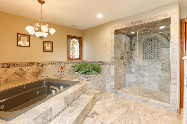 15521 S Mallard Ln, Homer Glen, IL 60491 - full bath with a tub with jets, a stall shower, and a chandelier