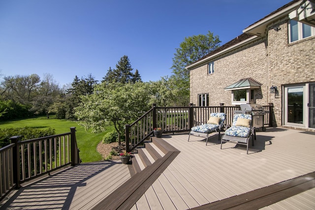 15521 S Mallard Ln, Homer Glen, IL 60491 - wooden deck with grilling area, a lawn, and view of scattered trees
