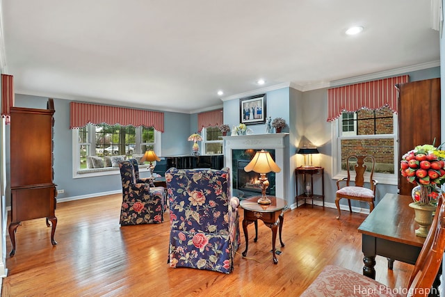 2114 Prairie St, Glenview, IL 60025 - living area featuring baseboards, crown molding, a lit fireplace, wood finished floors, and recessed lighting