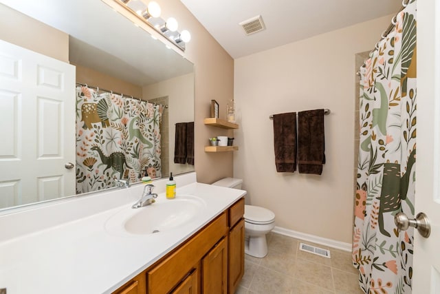 bathroom featuring toilet, baseboards, tile patterned flooring, vanity, and curtained shower
