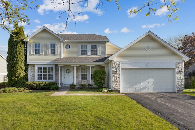 traditional-style house featuring driveway, a garage, a front lawn, stone siding, and a porch