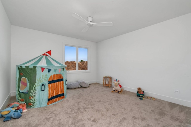 1051 Kinley Dr, New Lenox, IL 60451 - recreation room featuring carpet flooring, a ceiling fan, and baseboards