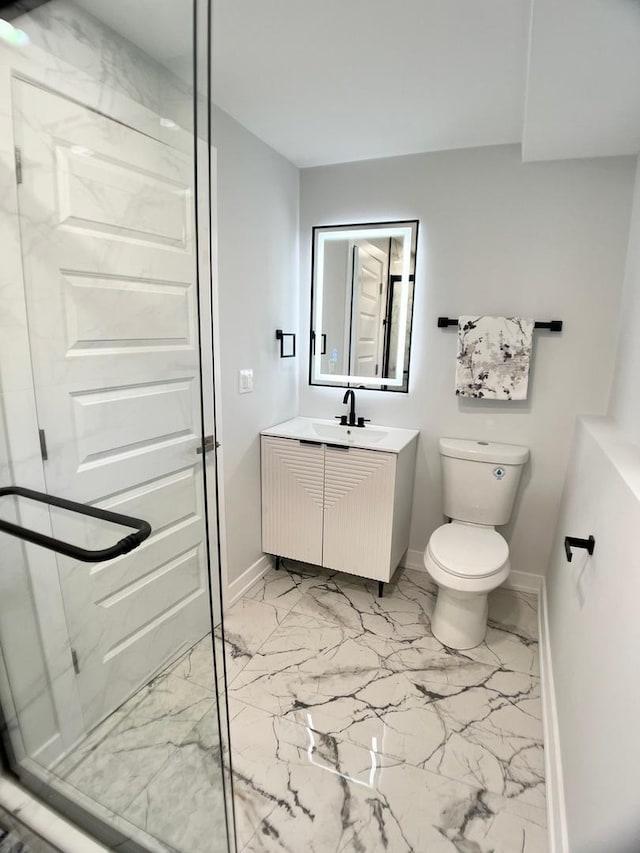2508 Mitchell Dr, Woodridge, IL 60517 - full bath featuring baseboards, a marble finish shower, marble look tile flooring, toilet, and vanity