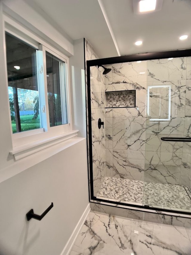 2508 Mitchell Dr, Woodridge, IL 60517 - bathroom featuring recessed lighting, a marble finish shower, marble look tile flooring, and baseboards