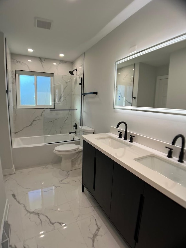 2508 Mitchell Dr, Woodridge, IL 60517 - full bath with toilet, enclosed tub / shower combo, double vanity, marble finish floors, and recessed lighting