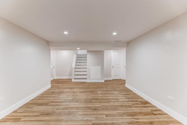 15100 Hamlin Ave, Midlothian, IL 60445 - finished below grade area featuring baseboards, stairs, light wood-type flooring, and recessed lighting