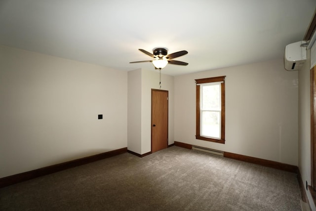 1511 Becker School Rd, Freeport, IL 61032 - empty room featuring ceiling fan, carpet floors, a wall mounted air conditioner, baseboards, and a baseboard heating unit