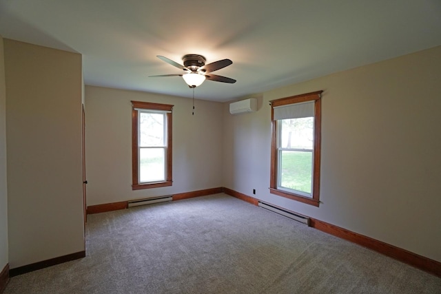 1511 Becker School Rd, Freeport, IL 61032 - empty room with baseboard heating, a wall unit AC, carpet floors, baseboards, and a ceiling fan