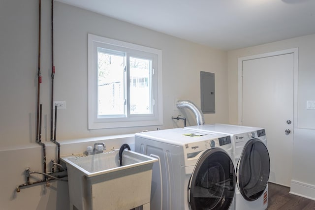 laundry room featuring electric panel, dark wood finished floors, and washing machine and dryer