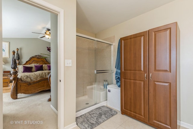 3313 Christopher Ln, Johnsburg, IL 60051 - full bathroom with connected bathroom, ceiling fan, a shower stall, lofted ceiling, and tile patterned floors