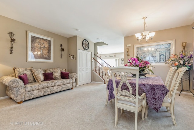 3313 Christopher Ln, Johnsburg, IL 60051 - carpeted dining space featuring a chandelier, baseboards, and stairway