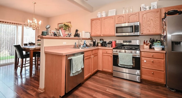 1467 S Candlestick Way, Waukegan, IL 60085 - kitchen featuring appliances with stainless steel finishes, a sink, dark wood-style flooring, a chandelier, and light countertops