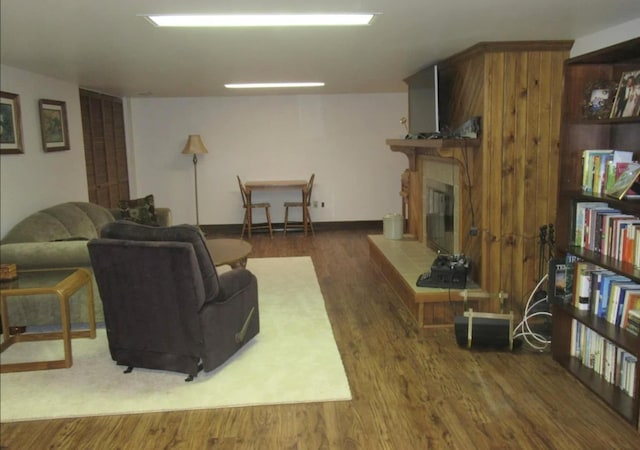 living area featuring a glass covered fireplace and wood finished floors