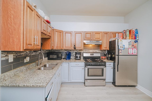 5631 S Throop St, Chicago, IL 60636 - kitchen with appliances with stainless steel finishes, a sink, under cabinet range hood, light wood-type flooring, and backsplash
