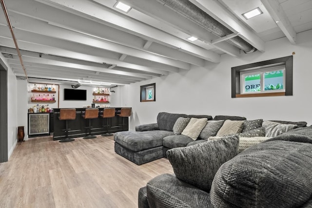 11026 S S Ave H, Chicago, IL 60617 - living area with wet bar, light wood-type flooring, beam ceiling, and wine cooler