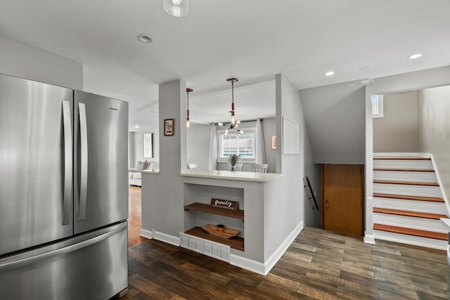 11026 S S Ave H, Chicago, IL 60617 - kitchen featuring freestanding refrigerator, baseboards, wood finished floors, recessed lighting, and a chandelier