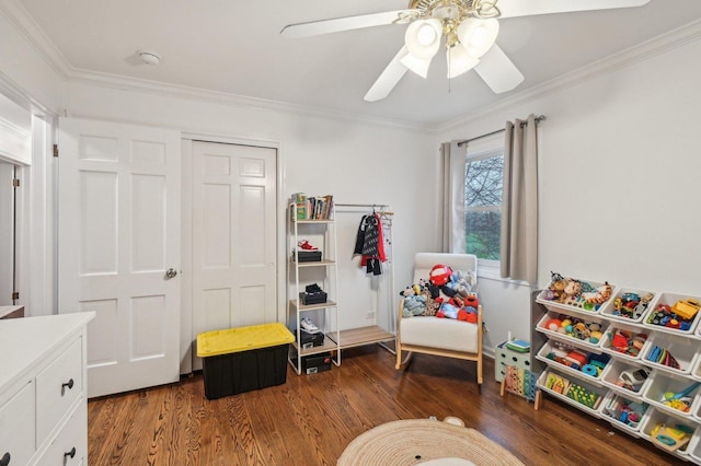 635 Ambleside Dr, Deerfield, IL 60015 - game room with ornamental molding, wood finished floors, and a ceiling fan