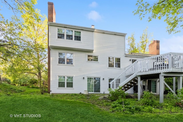772 Red Oak Dr, Bartlett, IL 60103 - rear view of house featuring stairway, a wooden deck, a lawn, and a chimney