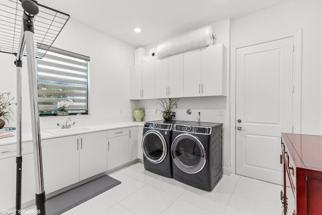 12060 Lake Trail Ln, Parkland, FL 33076 - laundry area featuring cabinet space, washer and dryer, recessed lighting, and light tile patterned flooring