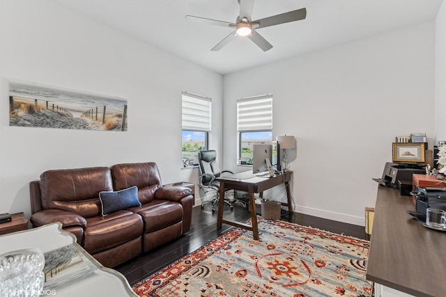 12060 Lake Trail Ln, Parkland, FL 33076 - office space with ceiling fan, dark wood-style floors, and baseboards
