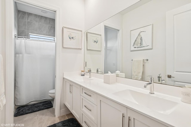 12060 Lake Trail Ln, Parkland, FL 33076 - bathroom with toilet, double vanity, tile patterned floors, and a shower with curtain
