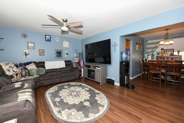 41066 N 3rd St, Antioch, IL 60002 - living room featuring a ceiling fan, wood finished floors, a chandelier, and baseboards