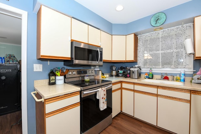 41066 N 3rd St, Antioch, IL 60002 - kitchen featuring appliances with stainless steel finishes, a sink, dark wood-type flooring, and light countertops