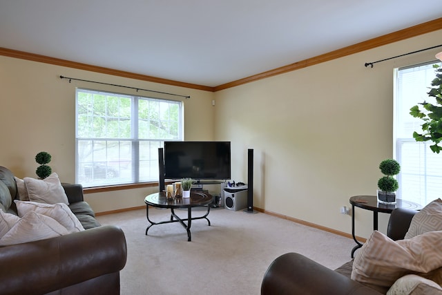 2209 Beaumont Ct, Aurora, IL 60502 - living room with baseboards, healthy amount of natural light, crown molding, and light colored carpet