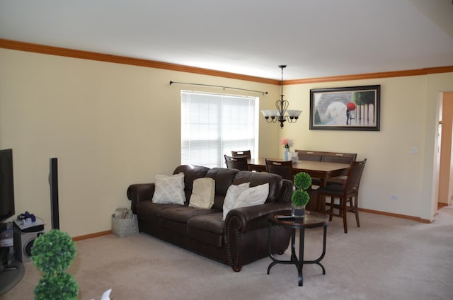 2209 Beaumont Ct, Aurora, IL 60502 - living room with a chandelier, light colored carpet, baseboards, and ornamental molding