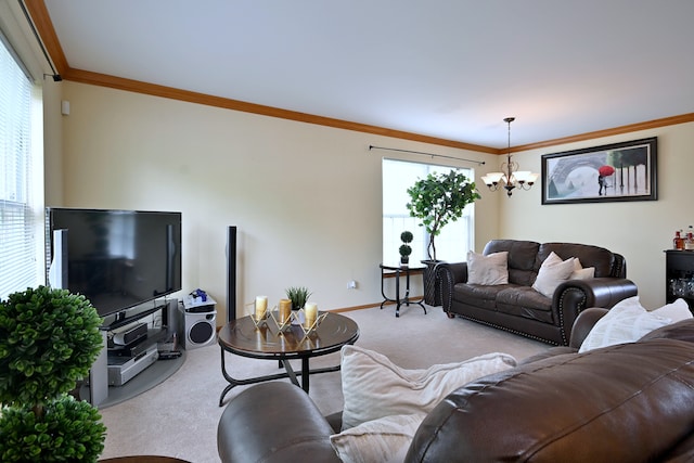 2209 Beaumont Ct, Aurora, IL 60502 - carpeted living room featuring a chandelier, ornamental molding, and baseboards