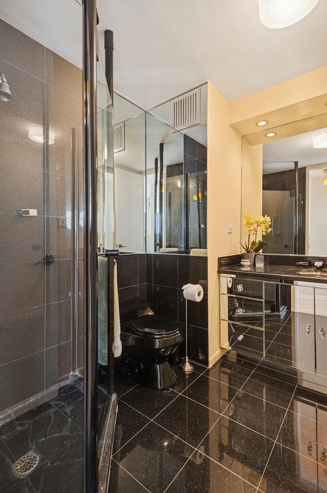 505 N Lake Shore Dr Unit 4907, Chicago, IL 60611 - full bathroom featuring a shower stall, vanity, toilet, granite floors, and recessed lighting