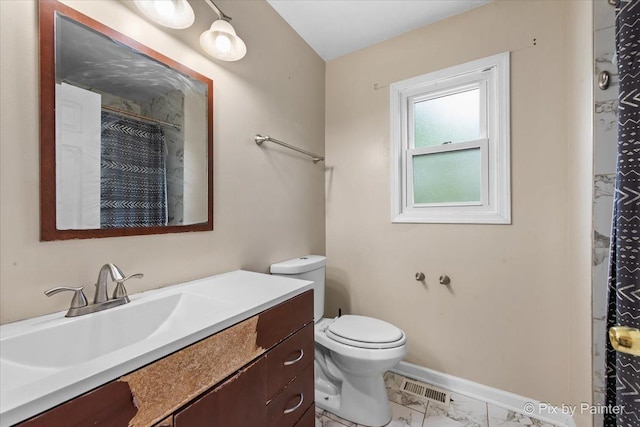 9 N Walnut Ct, Streamwood, IL 60107 - bathroom with marble finish floors, toilet, vanity, baseboards, and a shower with shower curtain