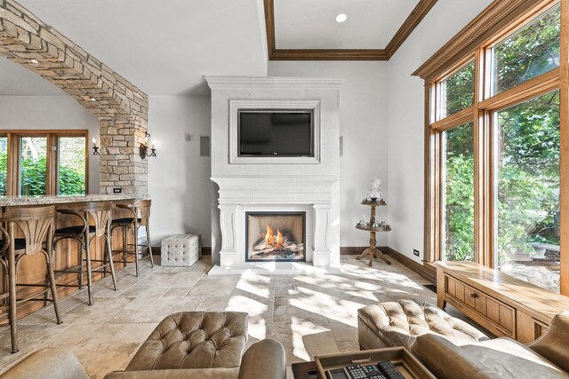 3113 Turnberry Rd, Saint Charles, IL 60174 - living room with a warm lit fireplace, baseboards, and crown molding