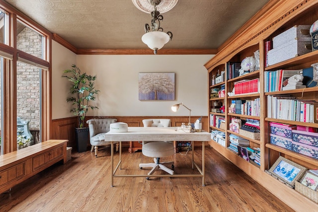 3113 Turnberry Rd, Saint Charles, IL 60174 - home office featuring wainscoting, wood finished floors, crown molding, a textured ceiling, and wood walls