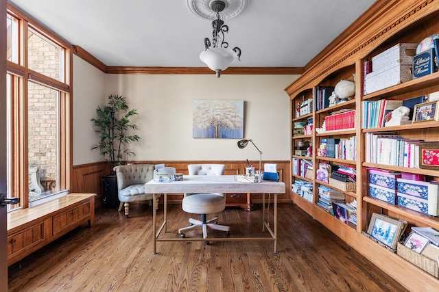 3113 Turnberry Rd, Saint Charles, IL 60174 - home office featuring a wainscoted wall, ornamental molding, wood finished floors, and wood walls