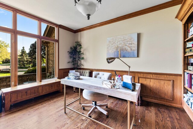 3113 Turnberry Rd, Saint Charles, IL 60174 - home office featuring a wainscoted wall, crown molding, wood finished floors, and wood walls