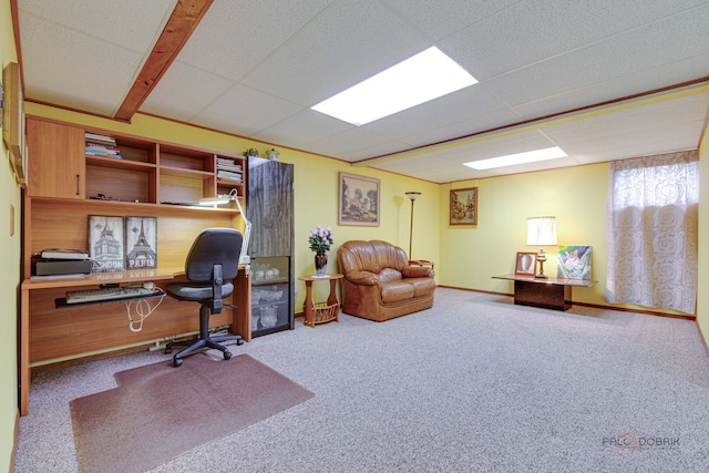 home office featuring carpet, baseboards, and a paneled ceiling