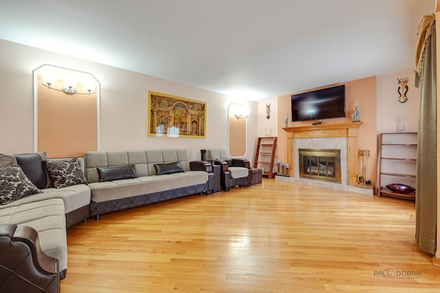 living room with wood finished floors and a premium fireplace