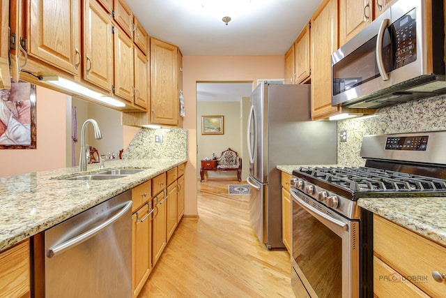 kitchen featuring appliances with stainless steel finishes, a sink, tasteful backsplash, light wood-style floors, and light stone counters