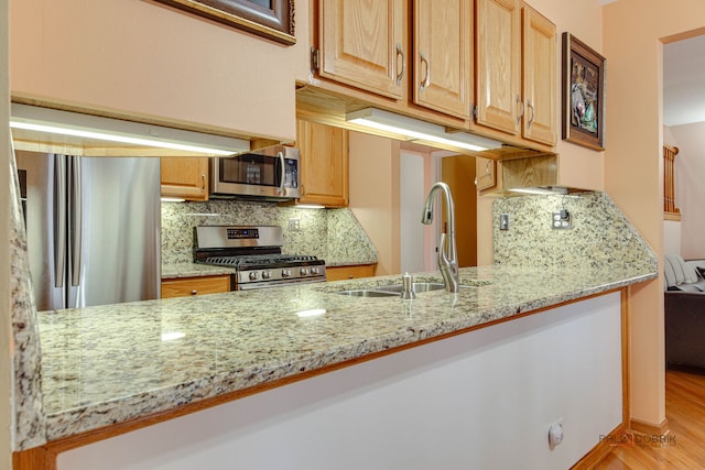 kitchen with appliances with stainless steel finishes, light stone countertops, light wood-style flooring, and a sink