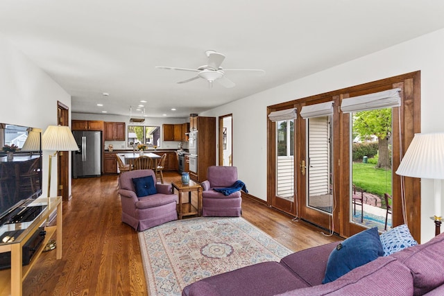 112 Braemar Dr, Elk Grove Village, IL 60007 - living area with plenty of natural light, wood finished floors, a ceiling fan, and recessed lighting