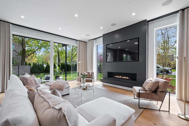 living area featuring light wood-type flooring, a fireplace, and recessed lighting