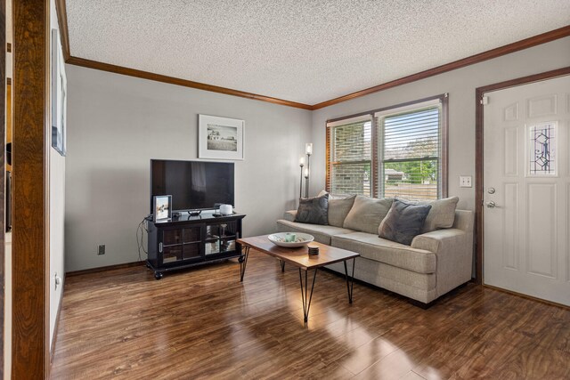 2717 E Main St, Decatur, IL 62521 - living room featuring dark wood finished floors, a textured ceiling, ornamental molding, and baseboards