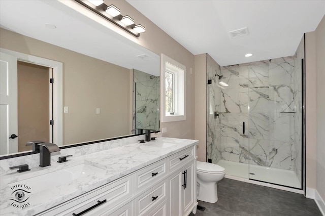 2639 E Shady Grove Ct, Crete, IL 60417 - full bathroom featuring a marble finish shower, toilet, tile patterned floors, double vanity, and recessed lighting